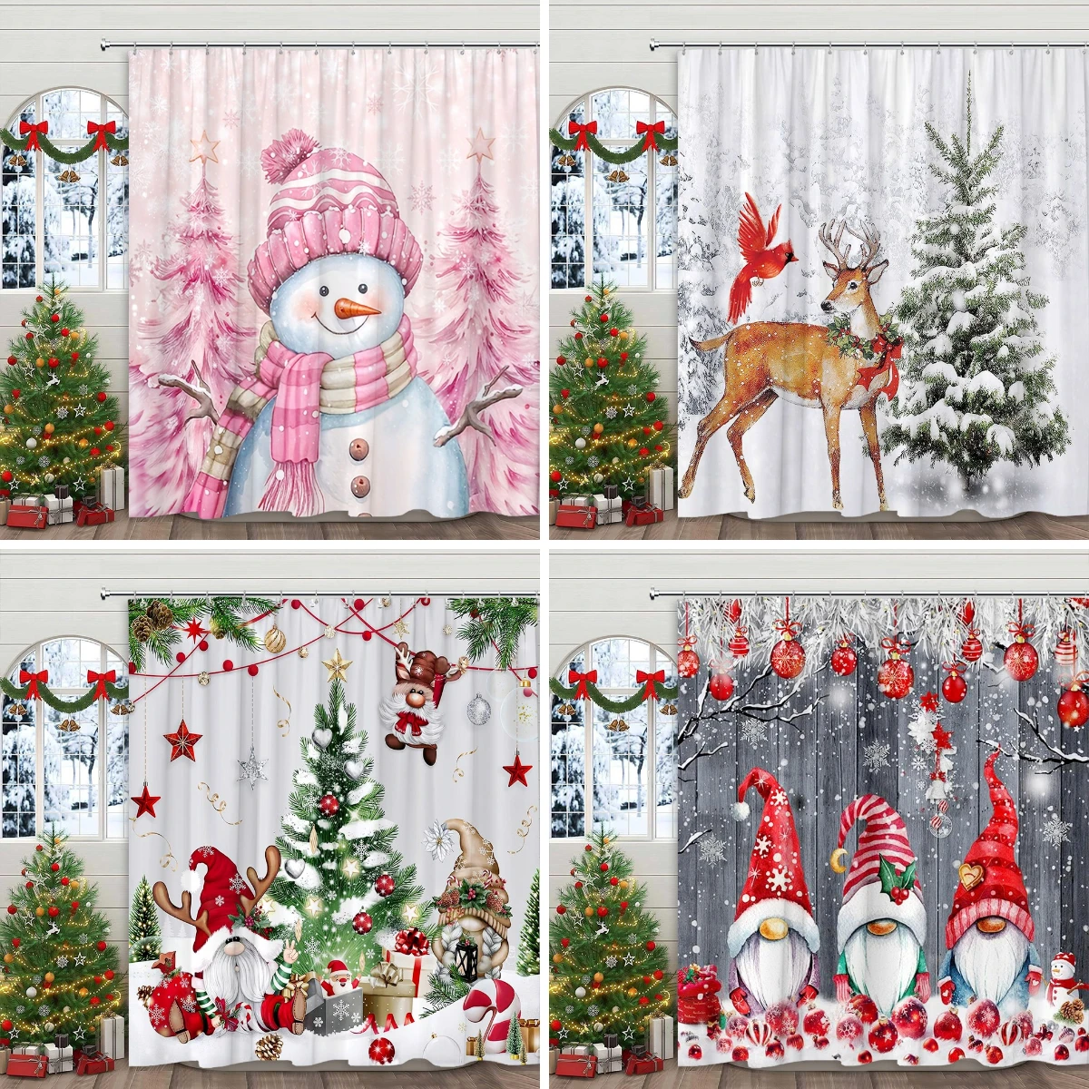 

Christmas Gift Shower Curtain Pink Snowman Christmas Tree Elf Deer Red Bird Polyester Shower Curtains Bathroom Decor with Hooks