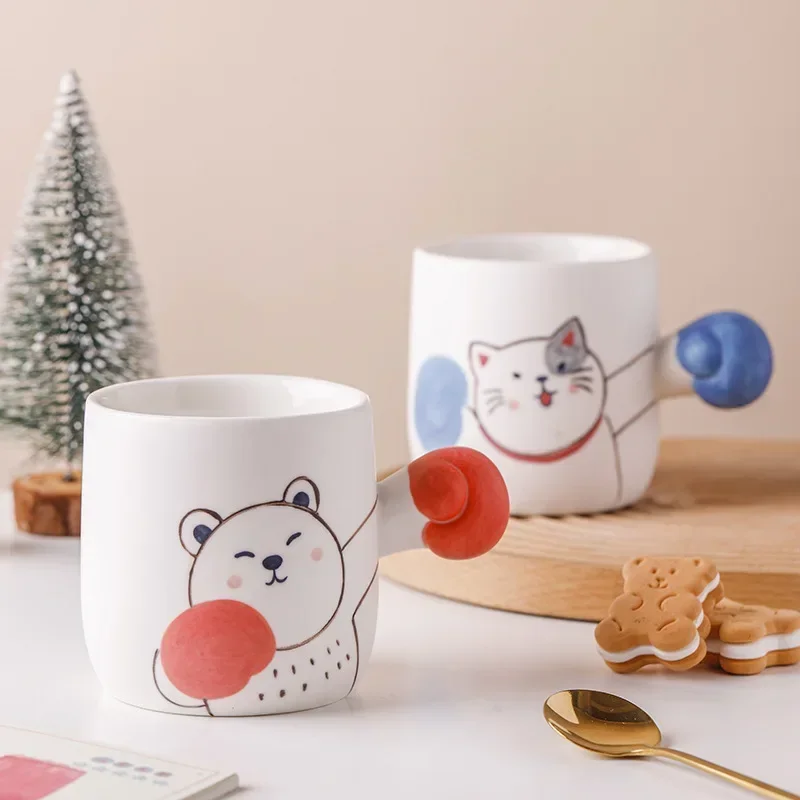 Cute Boxing Cat Ceramic Mug,Cartoon Breakfast Milk Juice Cups,Panda Coffee Mugs,Fun Holiday Gift Tea Cup,Couple Kawaii Water Cup