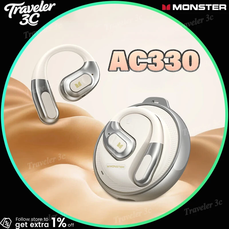 2025 NEW MONSTER AC330 Bluetooth Earbuds 5.4mm Earhook Design Non-In-Ear Style Sports & Running Noise Cancellation Laptop PC