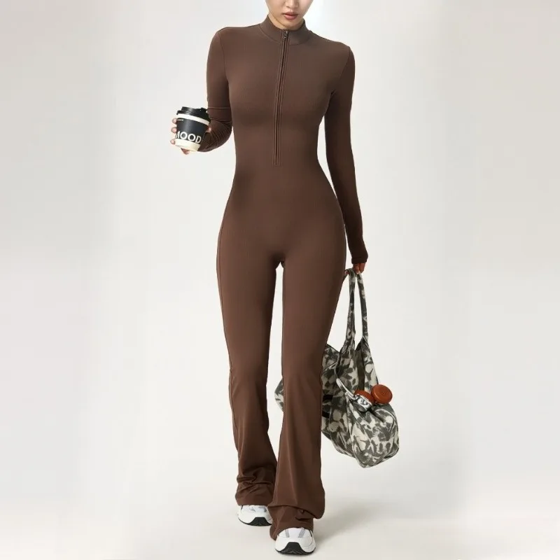 

Women's LS Zip-Up Flared Leg Yoga Jumpsuit - High Intensity Quick Dry, Comfortable Cloud Feel Nylon/Spandex for Gym Training