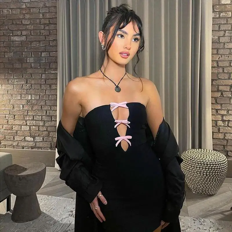 Gaun Mini Bodycon Tanpa Lengan dengan Punggung Terbuka dan Aksen Pita yang Elegan untuk Wanita, Pakaian Seksi untuk Pesta, Klub, Koktail, Acara Formal, dan Kumpul Malam