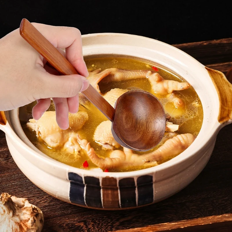 4 Pieces Japanese Long Handle Large Spoon Ramen Spoon Wooden Hot Pot Spoon Tortoise Shell Spoon Wood Rice Soup Dessert