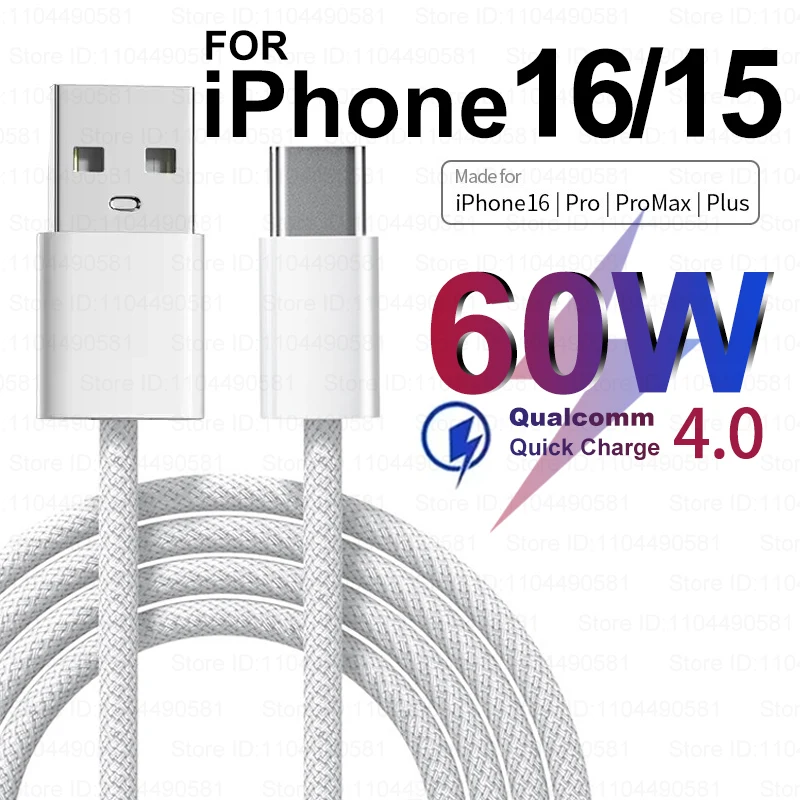 Original 60W USB Fast Charger Cable For Apple iPhone 16 15 Pro Max Plus USB Type C Phone Quick Charging For Xiaomi Samsung Cable