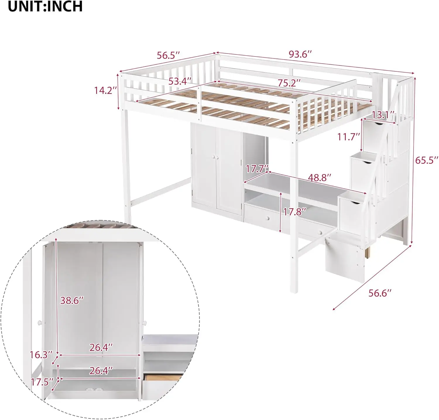 Full Size Loft Bed With Storage Stairs For Kids Boys Girls, Full Loft Bed With 2 Drawers For Teens Juniors, Wooden Loft Bed