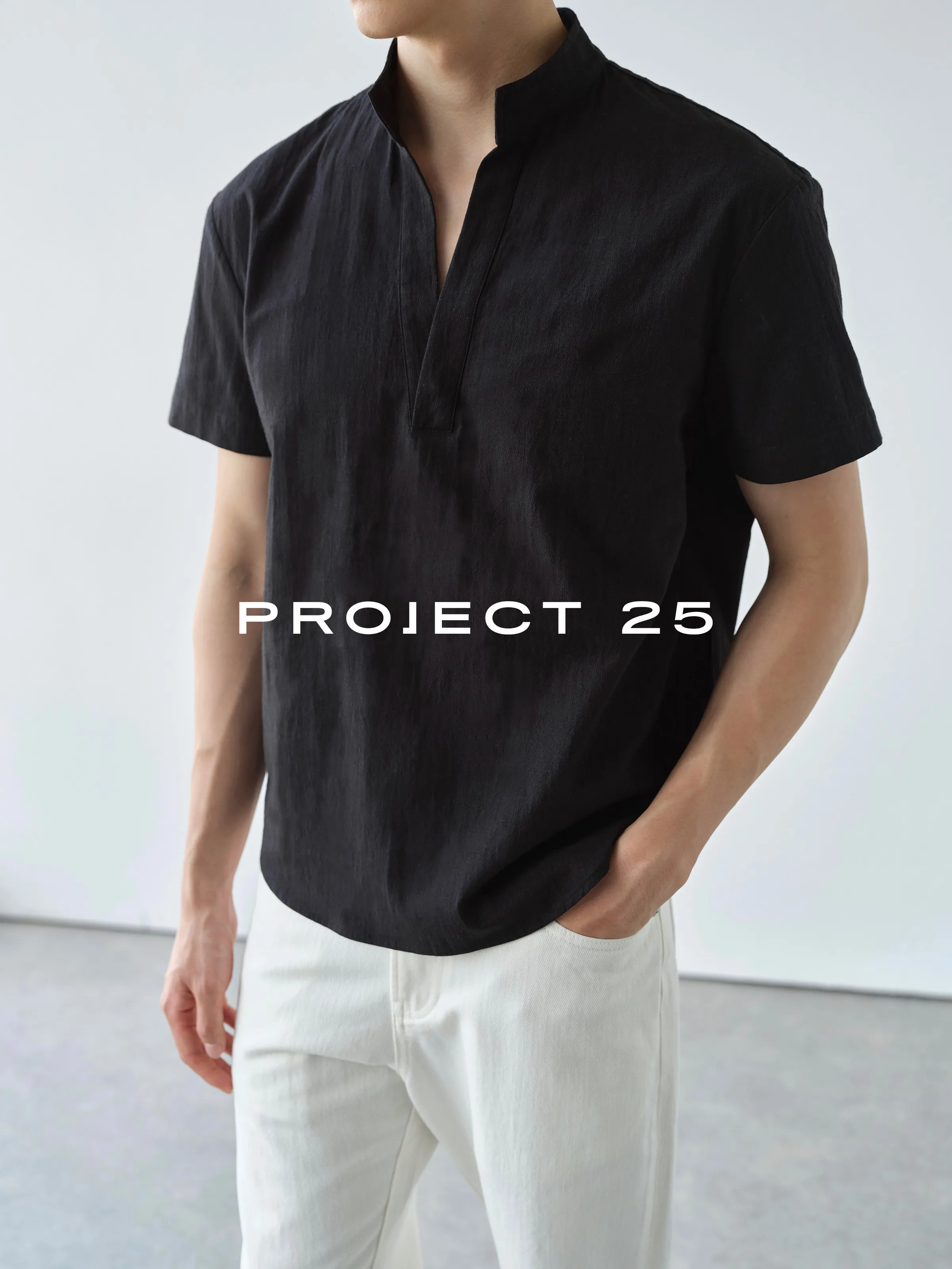 PROJECT 25 Men Cotton Linen Blend Stand Collar Short Sleeve Shirt Lightweight Wrinkle Texture Summer Casual Button Down Blouse