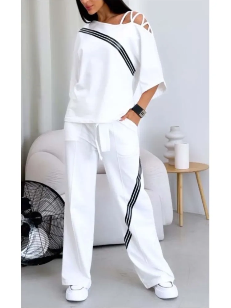 

Spring Summer Women Fashion Two Pieces Sets 2025 New Off-the-shoulder Loose Short Sleeve Top And Pants Suits Outfits Clothing