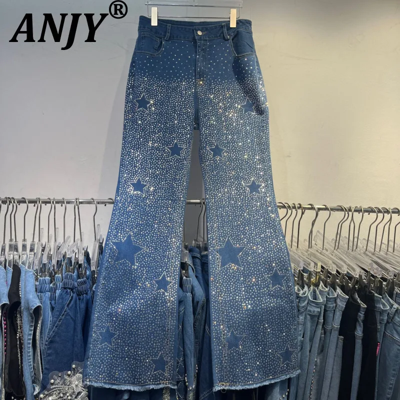 

ANJY Autumn New Women Casual Jeans Heavy Craft Studded Diamonds Pockets Straight Streetwear Vintage Y2K Trendy Denim Pants A8909
