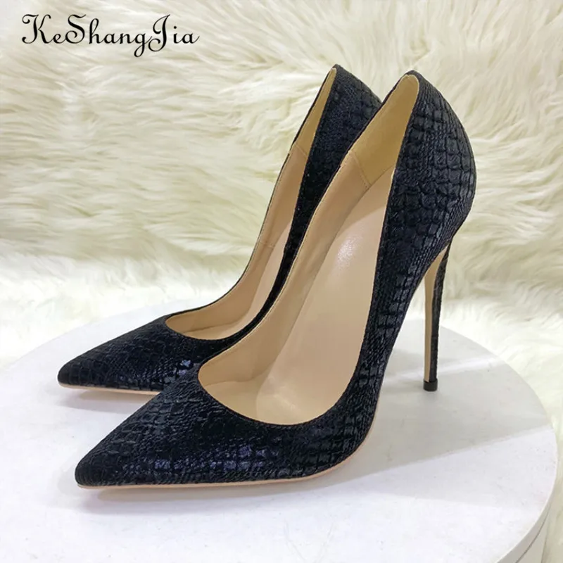 Keshangjia Black Matte snake High Heels Sexy Thin Heels Pointed Toe Pumps 12cm High Quality Party Dress Woman Shoes Size 33-45