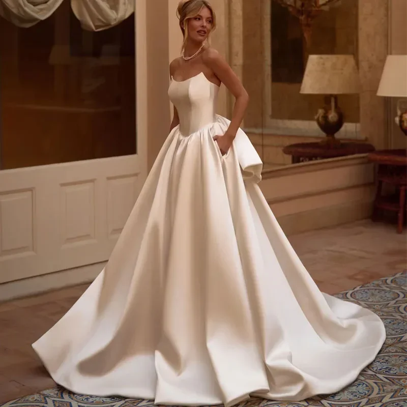 customized Strapless Sleeveless Wedding Dresses A-Line with Bow Shiny Satin Bride Dress Elegant Wedding Party vestidos de novia