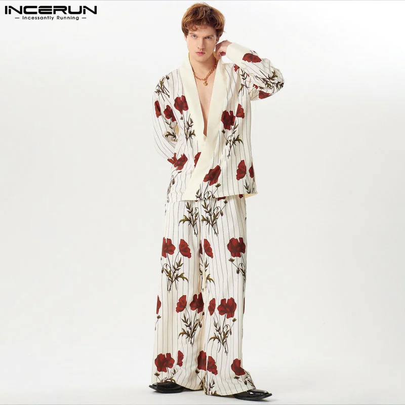 INCERUN Men Sets Flower Printing Loose V Neck Long Sleeve Shirt & Wide Leg Pants 2PCS Streetwear 2024 Fashion Men\'s Casual Suits