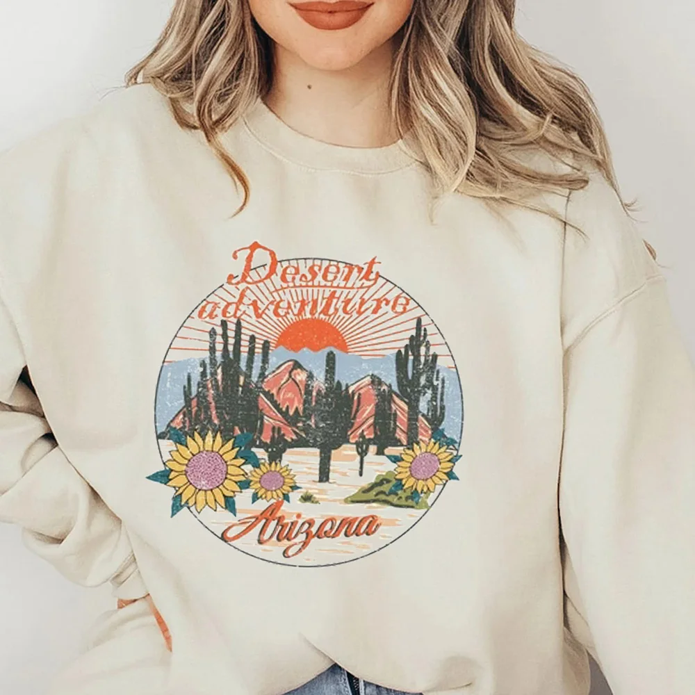 

Desert Cactus Retro Western Women's Graphic Sweatshirt Autumn Winter Long Sleeve Vintage Travel Hippie Boho Tops Oversized