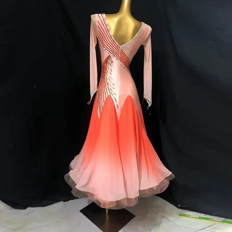 Women's Gradient Orange Pink Ballroom Dance Dress Long Sleeve Rhinestone Skirt for Waltz Tango Competition