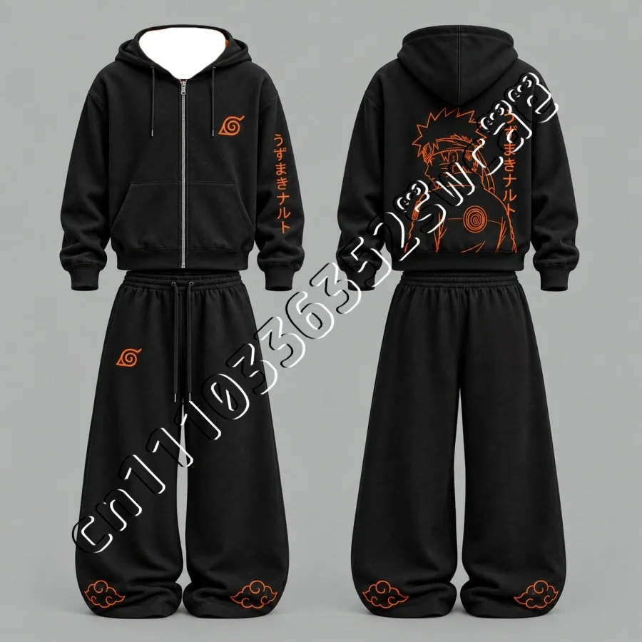 26/27 New Naruto Uzumaki Zip Up Hoodie Set Autumn Winter Trendy Unisex Street Fashion 2 Piece Outfit FamilyMatching