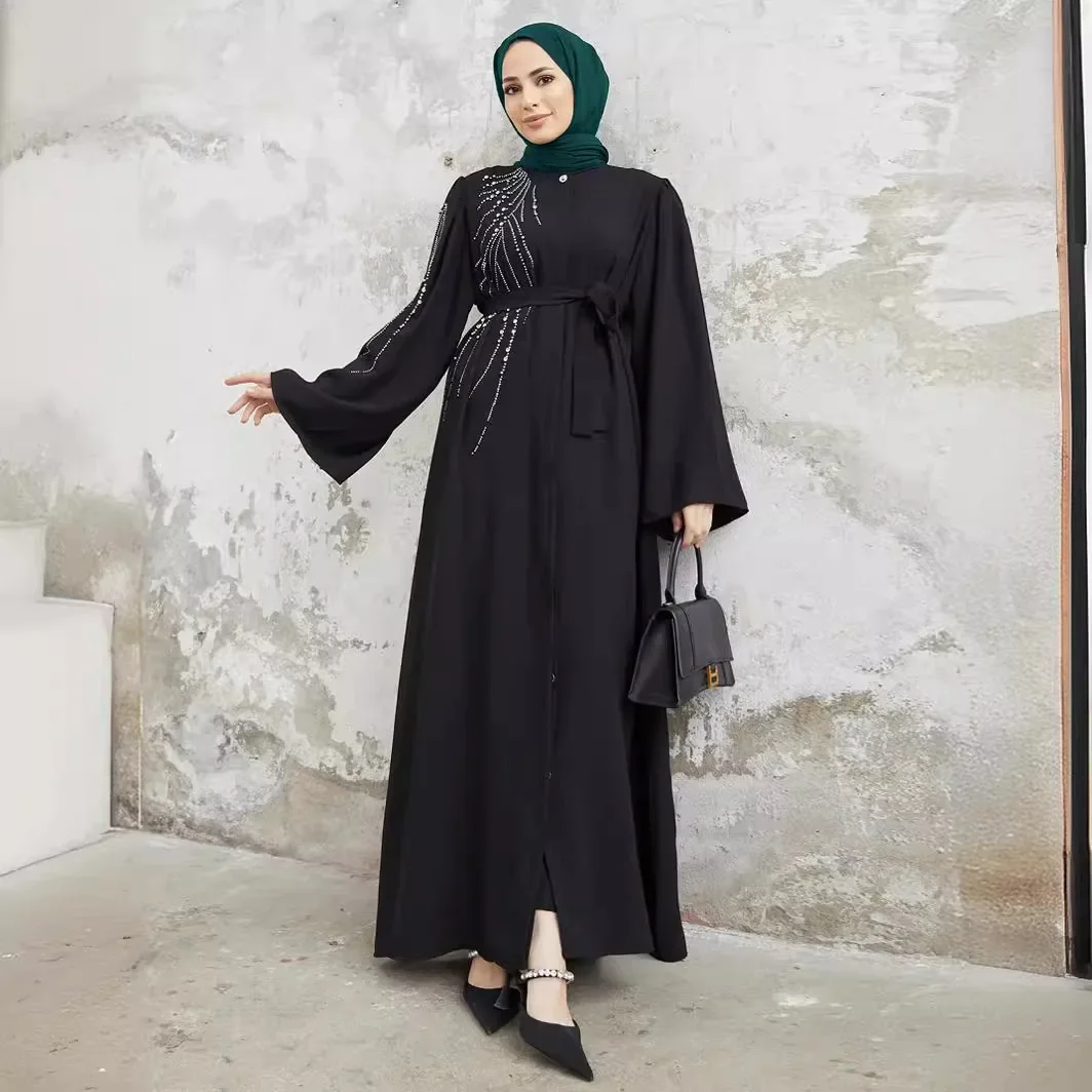 Muslim Dress Turkey Dubai Caftan Abaya Middle Eastern Robe Women\'s Islamic Clothing Beaded Hot Diamond Dress Abaya