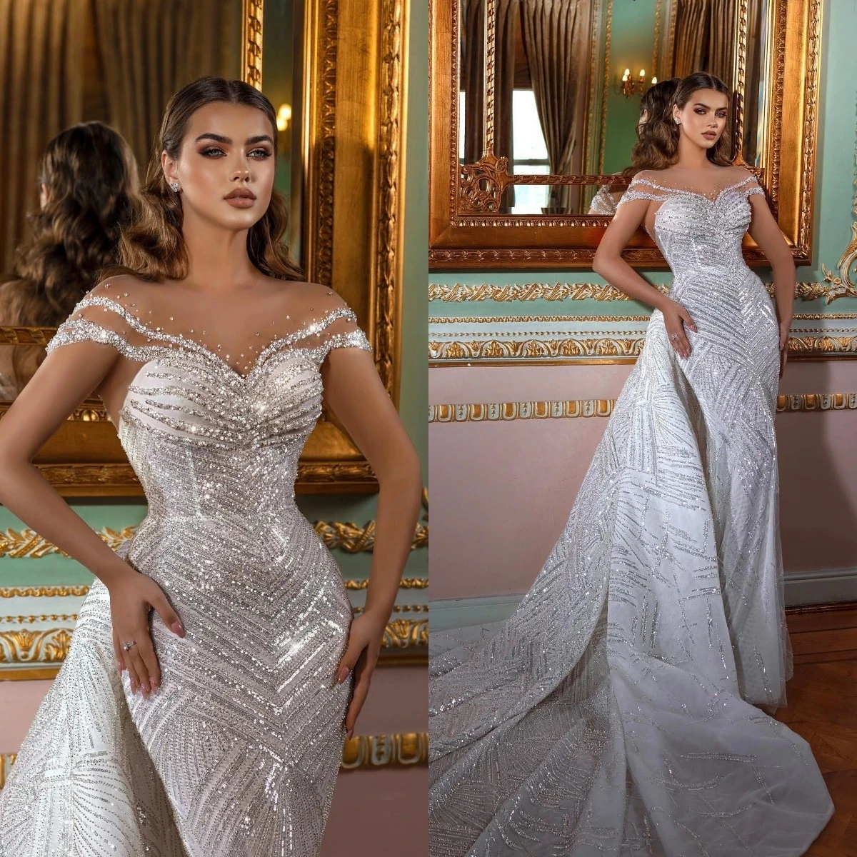 

Luxurious Mermaid Saudi Arabia Wedding Dress Beading Sequined Bridal Gowns Custom Made with Detachable Train Vestido de novia