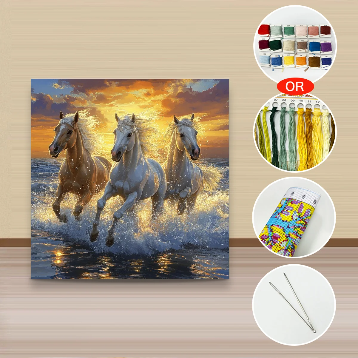 1 Stück 40x40 cm/15,74 Zoll, 11CT/14CT Druck Kreuzstich DIY-Set Neujahrsgeschenk, entspanntes Stickset für Anfänger, Drei galopierende Pferde – Detail 3
