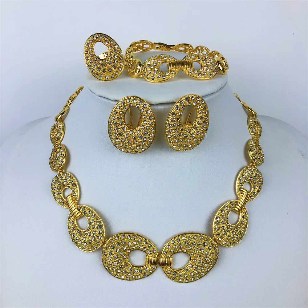 ESALE Dubai Fashion Jewelry Set Crystal Necklace Bracelet Bridal Engagement Gift Earrings for Women Ring Wedding Accessories