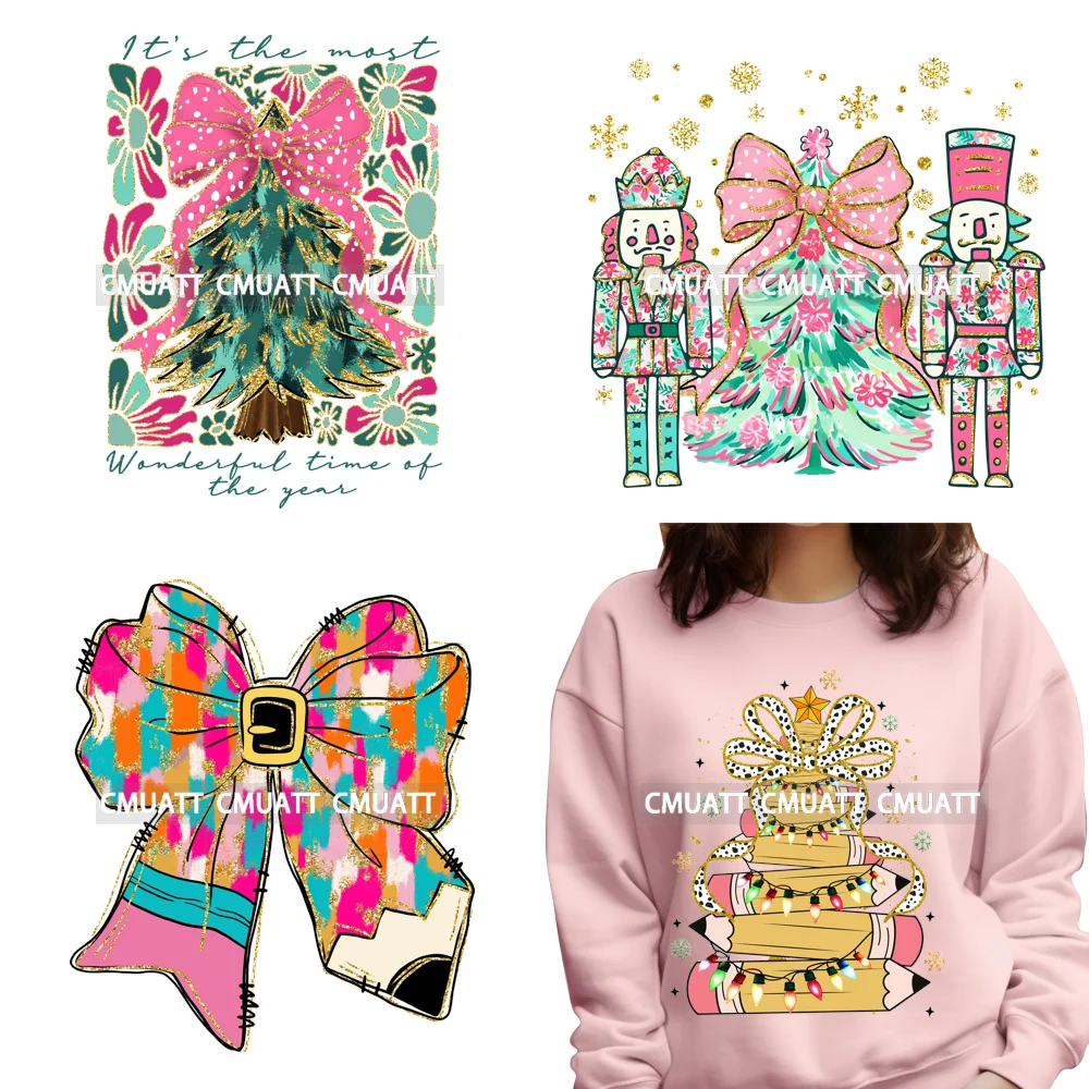 

Colorful Faux Sequins Coquette Bow Girly Pink Christmas Glitter Xmas Tree Cakes DTF Transfer Sticker Ready To Press For T-shirts