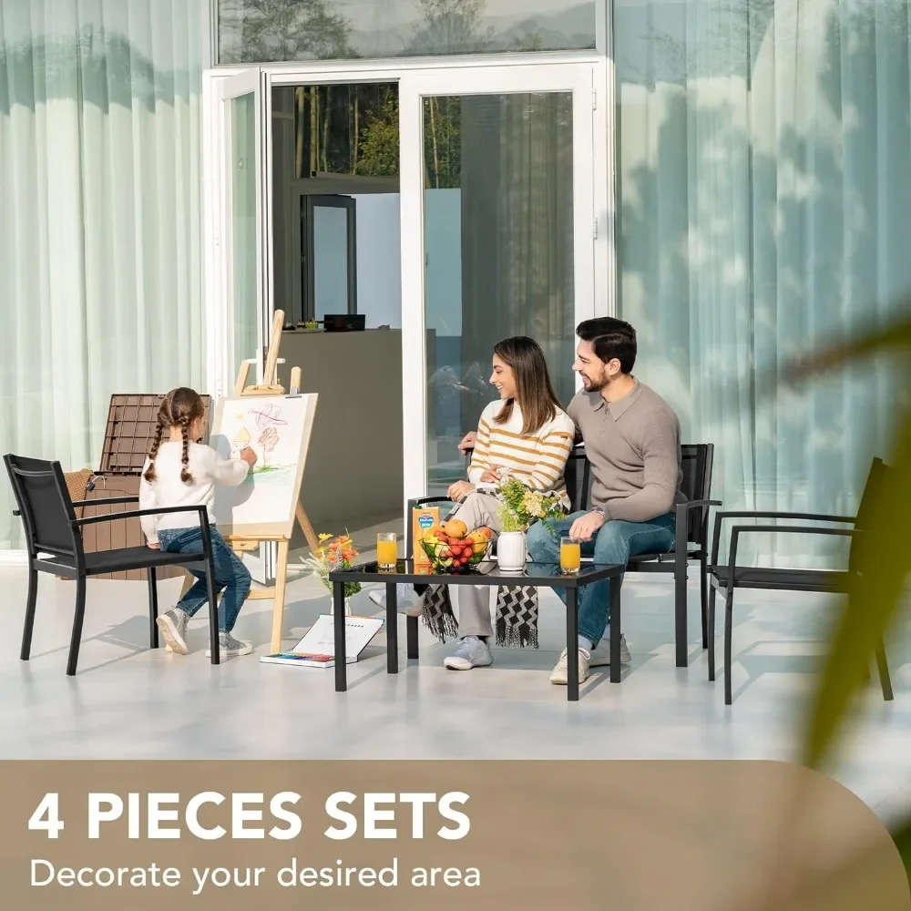 4Pieces Patio Furniture Set Outdoor Garden Patio Conversation Sets Poolside Lawn Chairs with Glass Coffee Table Porch Furniture