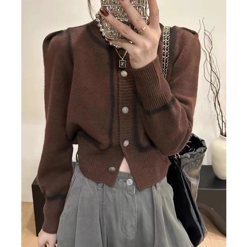 Women Clothing 2024Spring Autumn Vintage Elegant Chic Button Knitted Cardigan Y2K Female O Neck Long Sleeve Slim Cropped Sweater