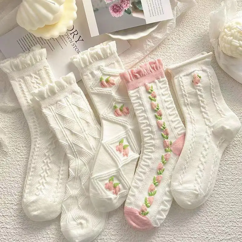 

5 Pairs Lolita Japanese Woman Cute White Short Socks Set Girl Spring Summer Sweet Ruffle Lovely Cotton Socks For Women