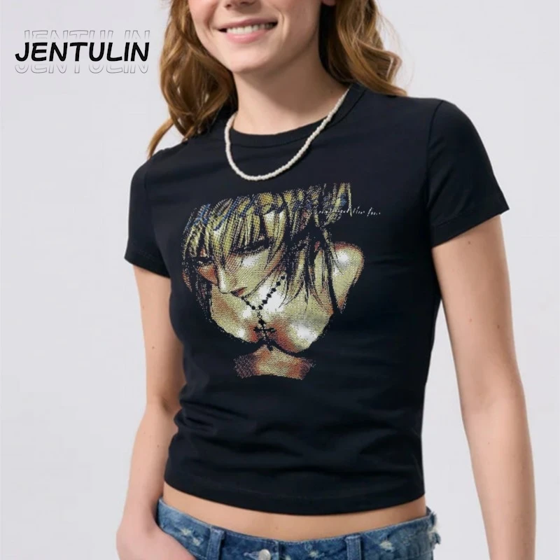 Women's Hip Hop 90s Vintage Punk T-Shirt Streetwear Sexy Short Sleeve Gothic Slim Crop Top Hot Girl Y2k Clothes Casual K Pop Tee