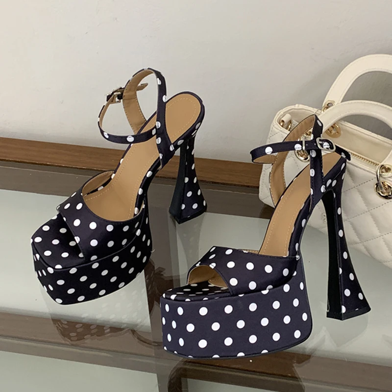 

Liyke Brand Design Polka Dot Silk Chunky Platform Sandals Women Party Dress Shoe Sexy Square Open Toe Pole Dance Heels Sandalias