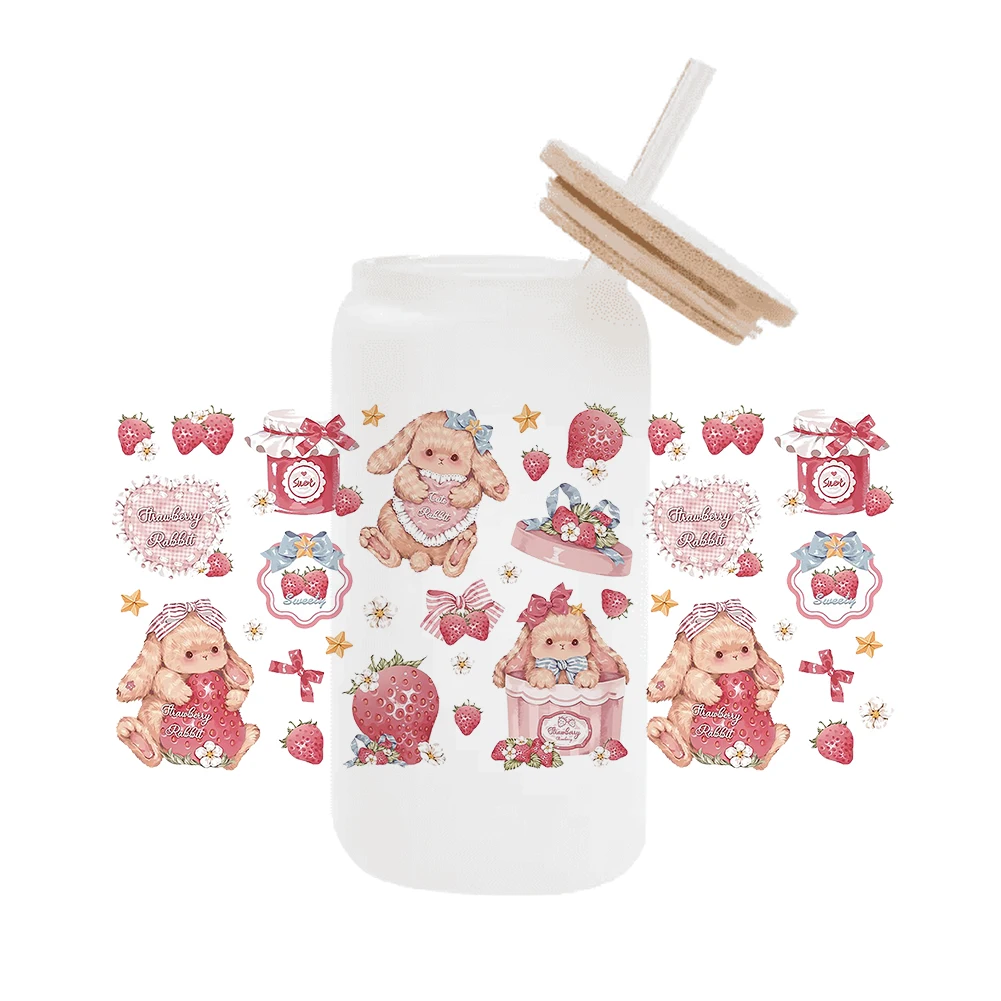 Lolita Cute Rabbit Teddy bear DIY For Libbey 16oz Can Glass 3D Waterproof UV DTF Coffee Can Wrap Libbey Glass Wrap