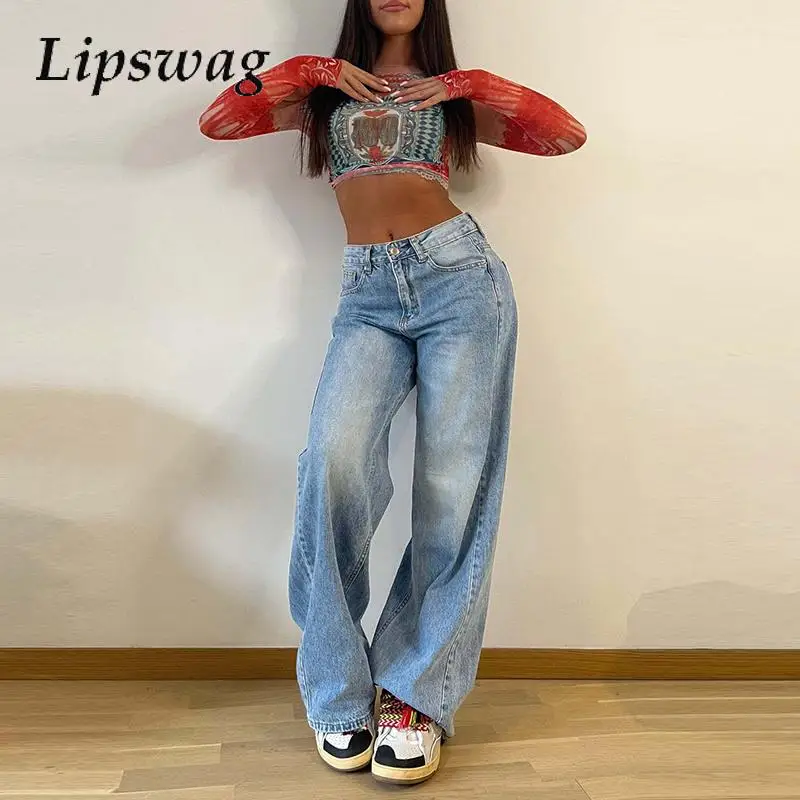 Fashion Pocket Style Long Jeans High Street Navel Mid Waist Button Trousers 2024 Girls Beautiful Wide Leg Long Denim Pants Women