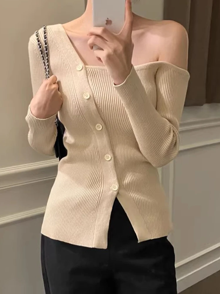 

Chic Autumn Irregular oulder Bared Long Sve Knitted Top Women's Slim Fit Versatile Faionable Korean Sle Commute Wear