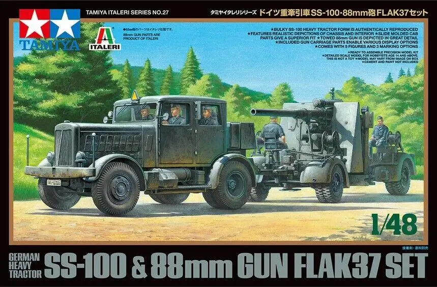 Tamiya 37027 1/48 Model Kit WWII German Heavy Tractor SS-100 w/Flak37 88mm Gun