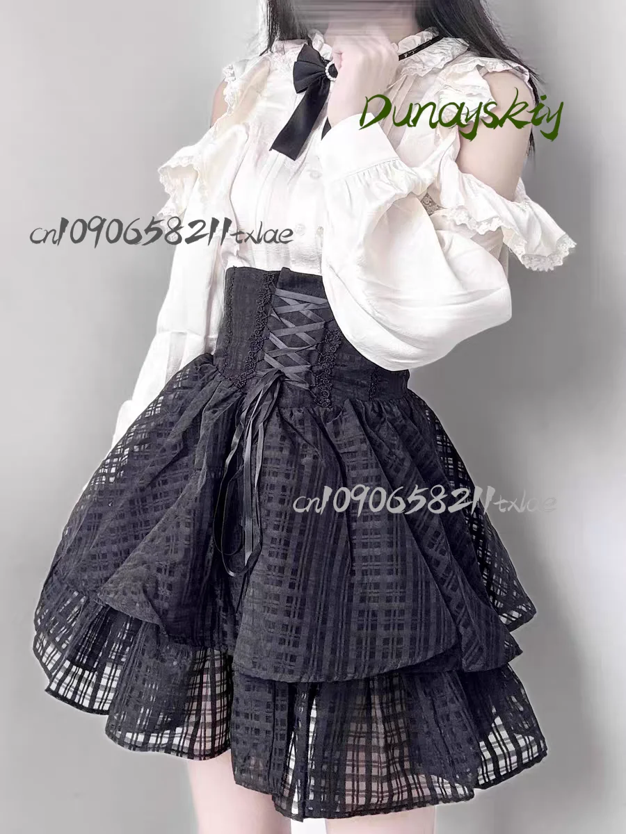 Jirai Kei gótico oscuro subcultura femenina encaje negro recortado camisa de manga larga falda conjunto disfraces Cosplay fiesta diaria Halloween