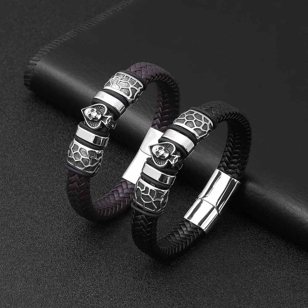 

Poker Skull Braid Leather Men Bracelets Stainless Steel Magnetic Punk Vintage New in For Women Fashion Jewelry Gifts Wholesale