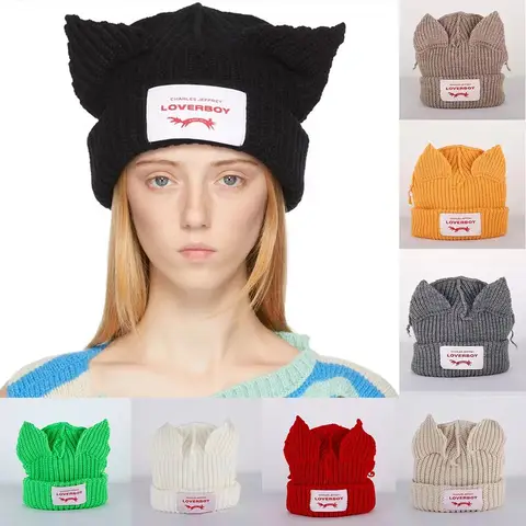 Double-layer Loverboy Cat Ear Knit Hat Hooded Cap Warm Knitted Cap Soft Niche Design Ear Protection Hat Autumn and Winter
