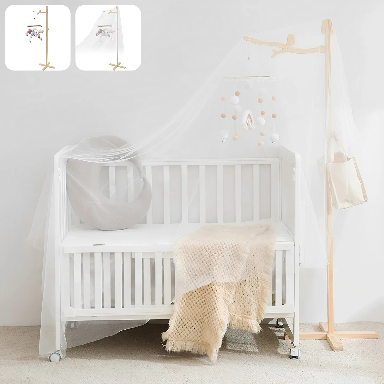 Baby Crib Mobile Arm Wooden Crib Mobile Holder with/without Mosquito Net Floor Standing Baby Mobile Holder Arm Nursery Baby