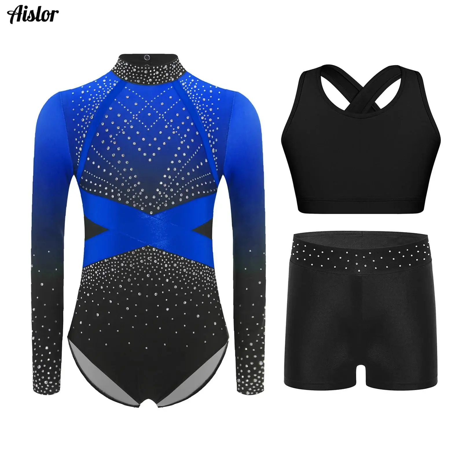 

3Pcs/Set Kids Girls Gymnastics Figure Skating Dance Outfit Long Sleeve Sparkling Rhinestones Color Block Leotard+Vest Top+Shorts