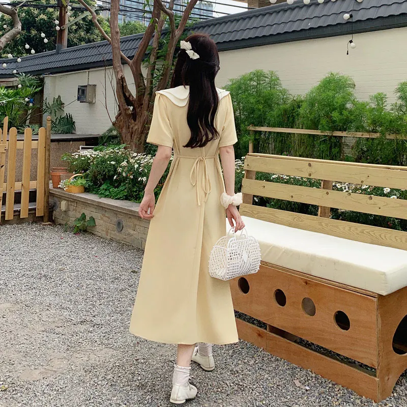 2022 Summer Women Fashion Midi Dresses Chic Korean Sweet Peter Pan Collar Lace Up Design Clothes Lady Long Dress Robe Vestidos