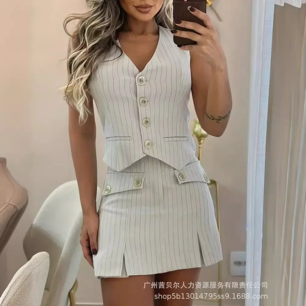 Striped Buttoned Vest Top & Slit Flap Detail Skorts Set Women Summer Tank High Waist Sexy Skorts Fashion Office Lady