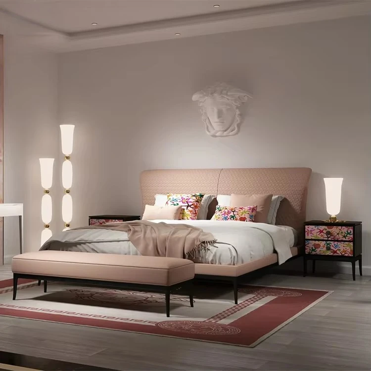 yp-Romantic Style Double Bed Rooom Frame Super Elegant Leather pink Modern Luxury king Size Romantic Bed-