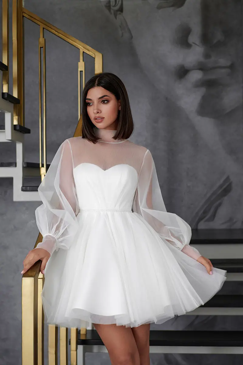 Vestidos de casamento de tule personalizados para mulheres barato 2023 uma linha vestido branco mangas puff ilusão gola alta vestido de noiva curto