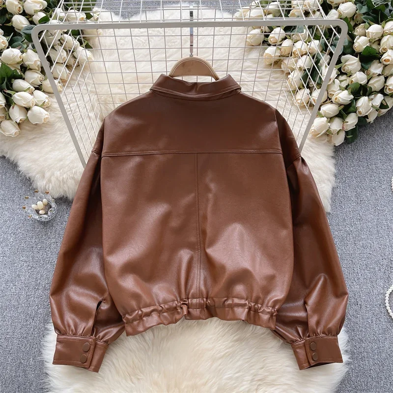 Spring Autumn New Women Korean Loose Big Pocket Faux PU Leather Jacket Coffee Color Lapel Long Sleeve Casual Short Biker Jacket