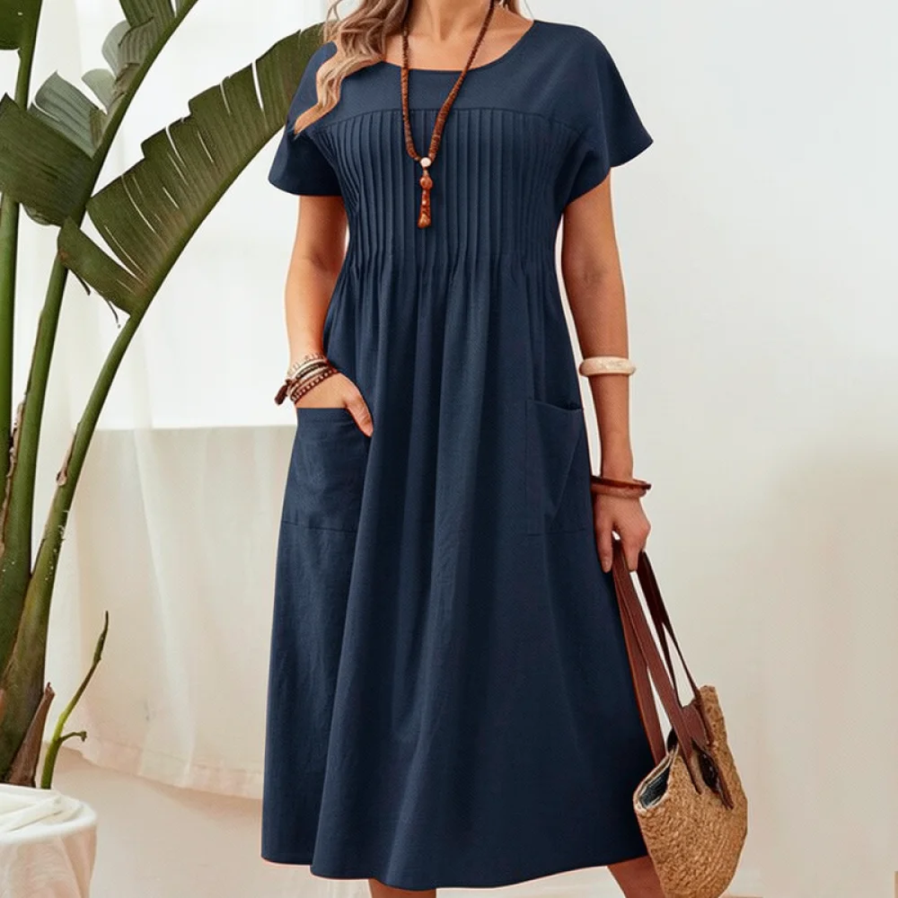 Casual Cotton Linen Women Long Dress Summer Short Sleeve Pleated Maxi Dresses Loose Fit With Pockets Round Neck Solid Color New