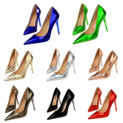 Plus Size Women Patent Leather 10.5cm High Heels Club Pumps Lady Luxury Shiny Stripper Stiletto Blue Green Wedding Dress Shoes