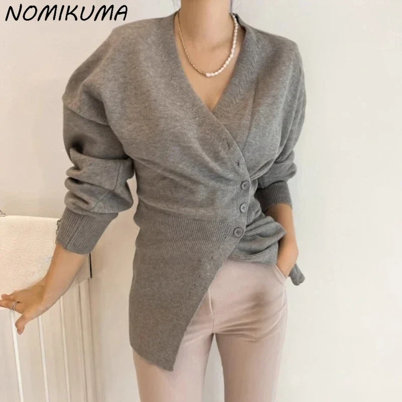 Nomikuma Korean Chic Autumn French V-neck Irregular Buttons Slim Waist Versatile Long Sleeved Knitted Sweater for Women