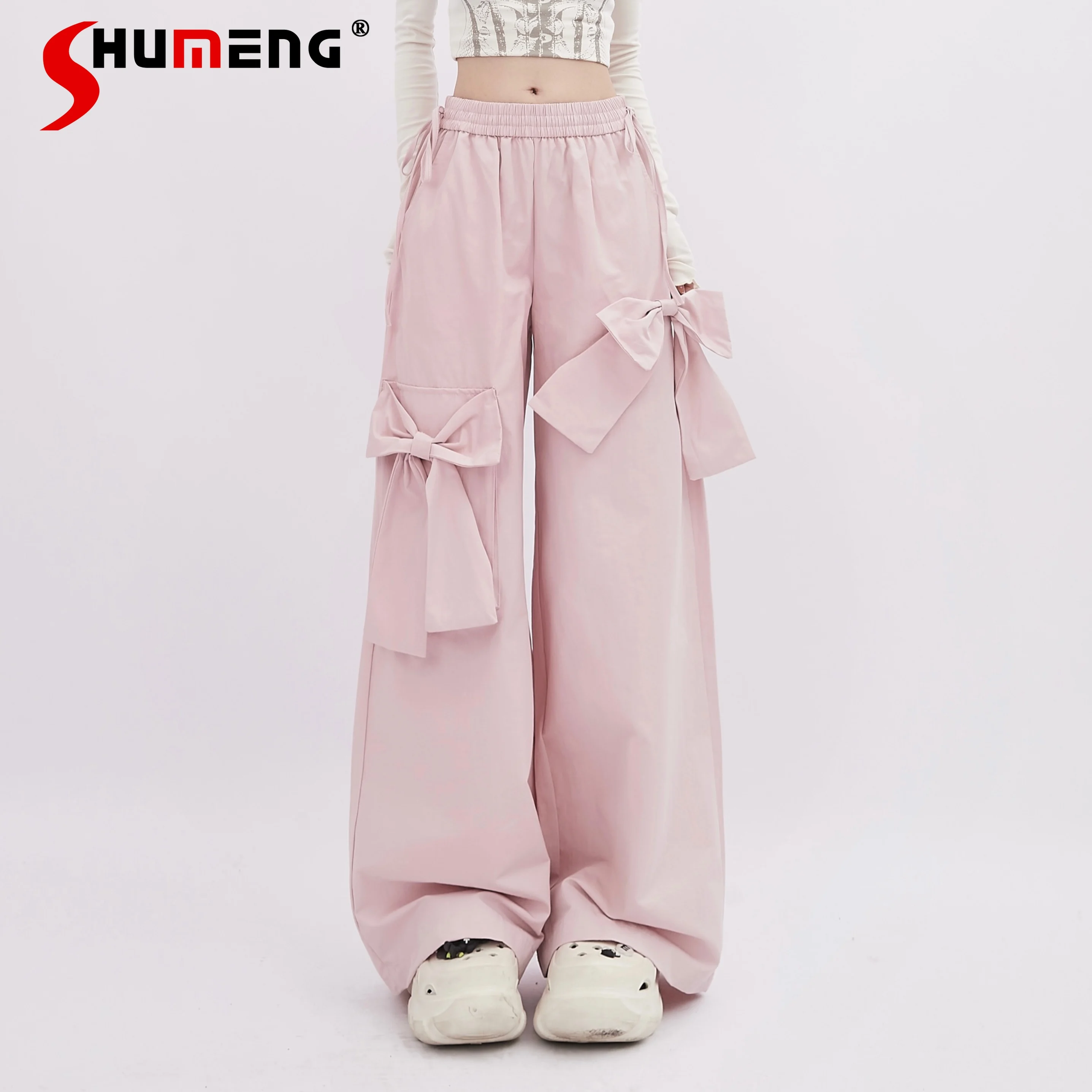 Cargo Sweet Bow Pink Pants Women 2024 Spring New Streetwear Women Cool Trousers Cute Loose All-Matching Wide Leg Sweatpants