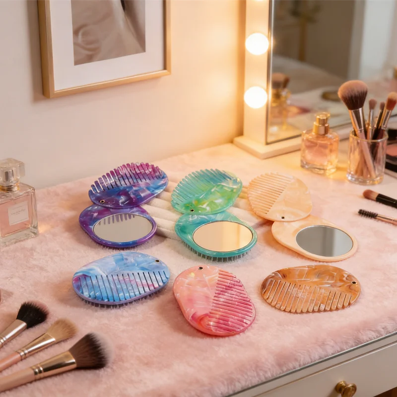 

Компактное зеркало-расческа 2-в-1 с мраморным дизайном, складное, дорожный размер, акриловые зубцы, бережно к волосам, идеально подходит для сумочки или спортивной сумки.