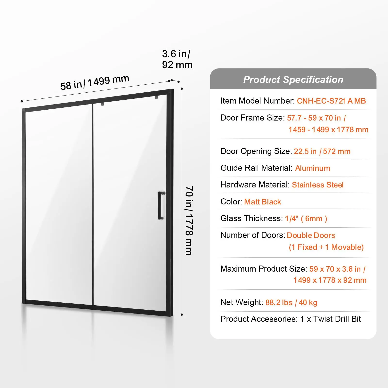 Semi Frameless Sliding Shower Door 57.7 59 W x 70 H in 1/4 in 6mm Clear Tempered Glass Waterproof Shatterproof Stainproof Stainless Steel Hardware Matte Black