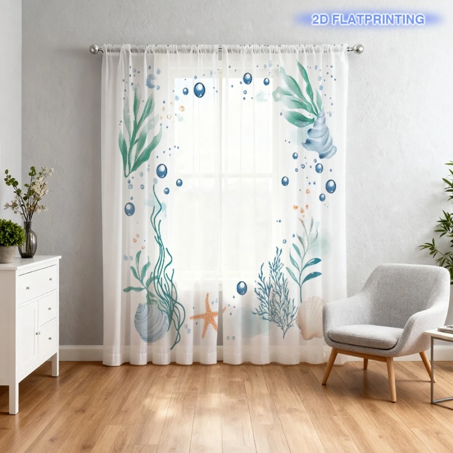 2 Cortinas Transparentes con Estampado Digital, Diseño de Burbujas y Algas Marinas, Cortinas de Fantasía para Sala de Estar, Dormitorio, Decoración del Hogar