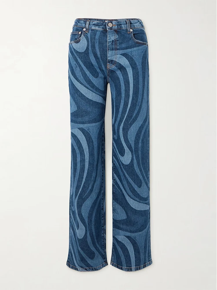 Eleganckie damskie spodnie jeansowe, modne wzory, nadruk, luźne, długie spodnie, casualowe, z wysokim stanem, zapinane na guziki, proste spodnie.