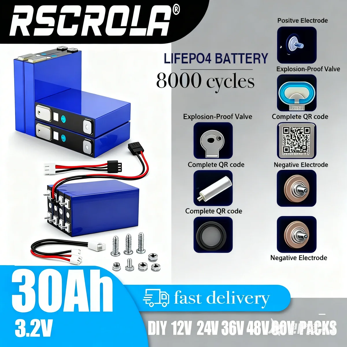 

Grade A 3.2V 30Ah LiFePO4 Battery 8000 Cycles for Solar Campers Golf Cart Yacht 12V 24V 48V 60V